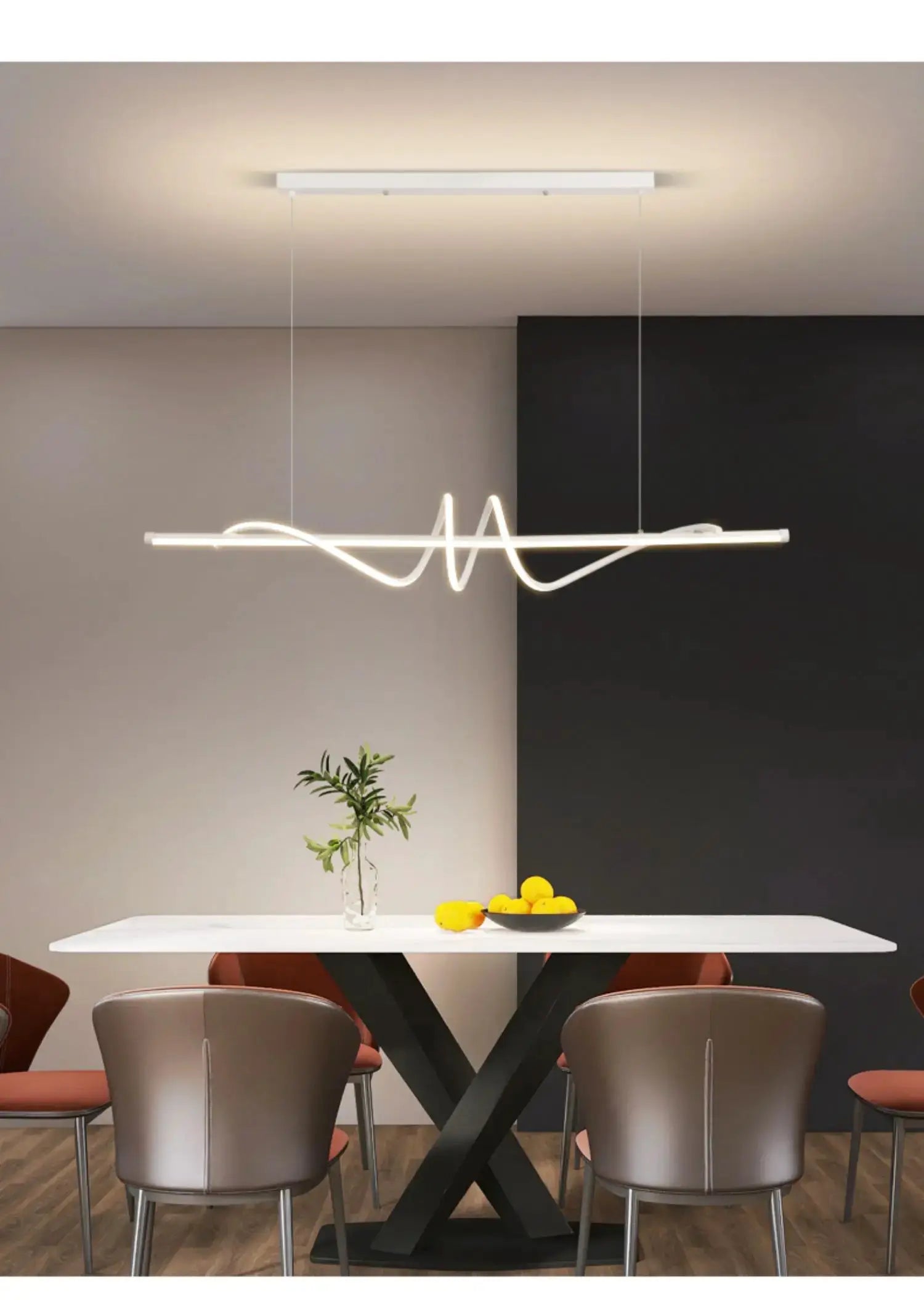 Simples Market modern LED pendant light, white minimalist linear bar suspended by two cables above dining table.