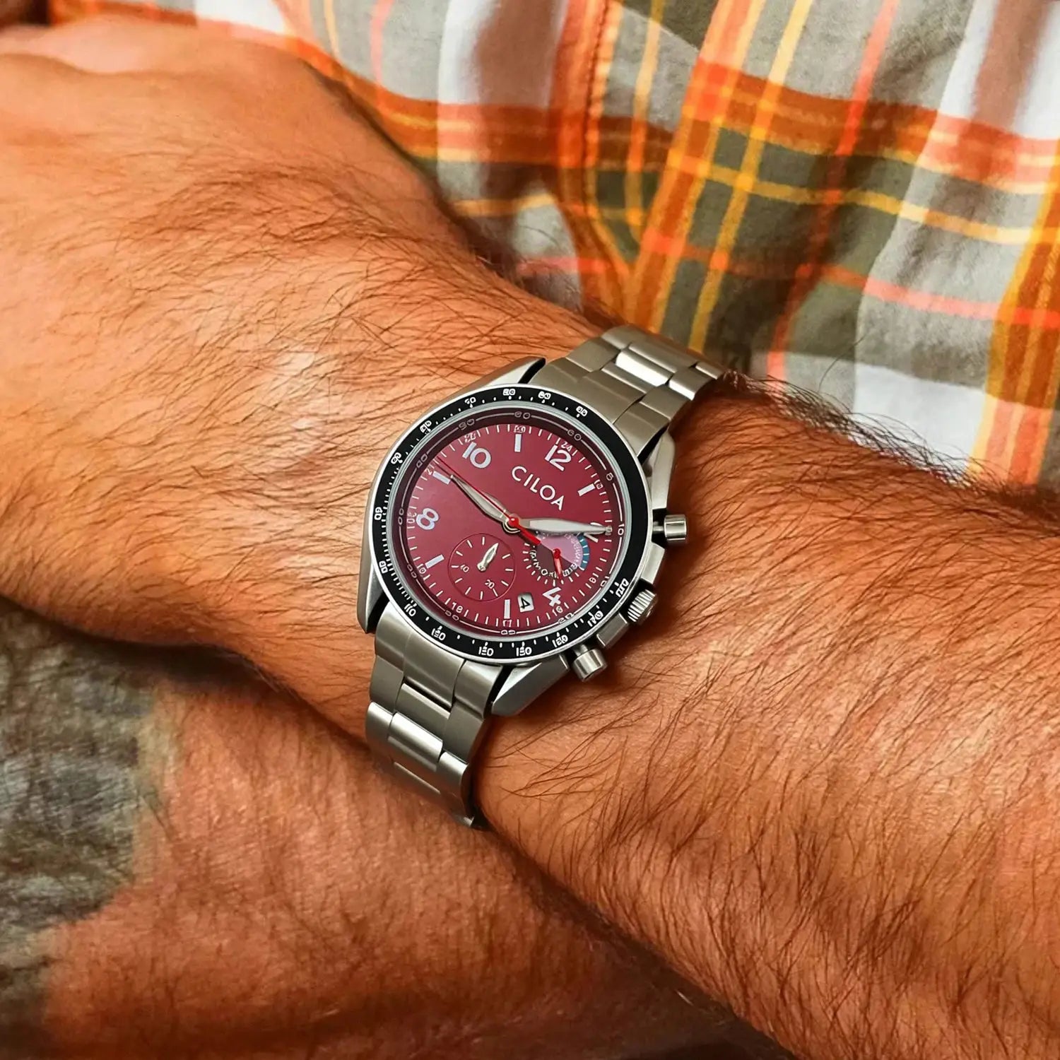 CILOA men's stainless steel quartz watch with red dial, waterproof, Simples Market