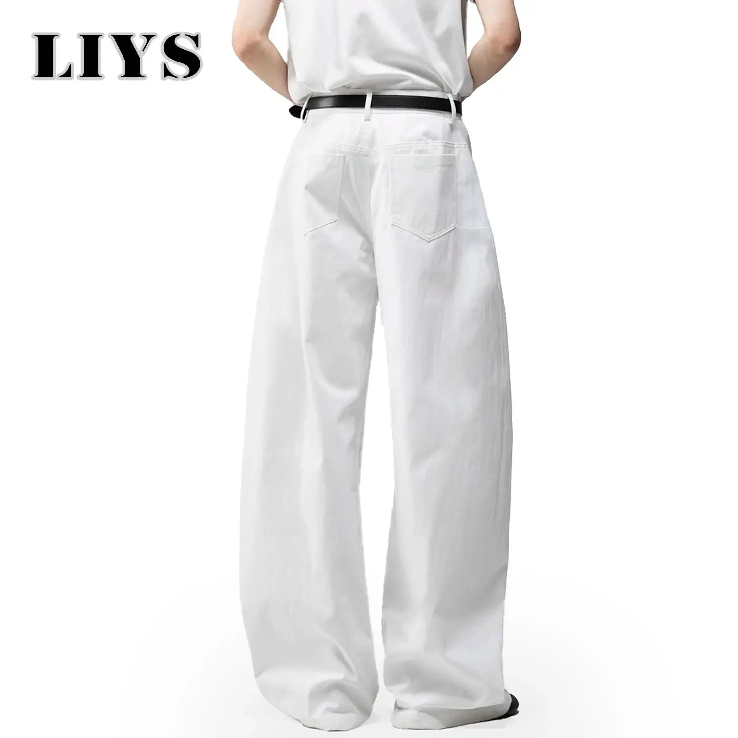 Men's white baggy wide-leg denim jeans with back pockets and belt, LIYS