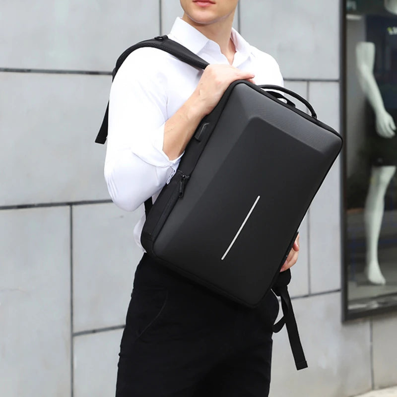 Men's black hard-shell anti-theft backpack, high-capacity travel laptop bag