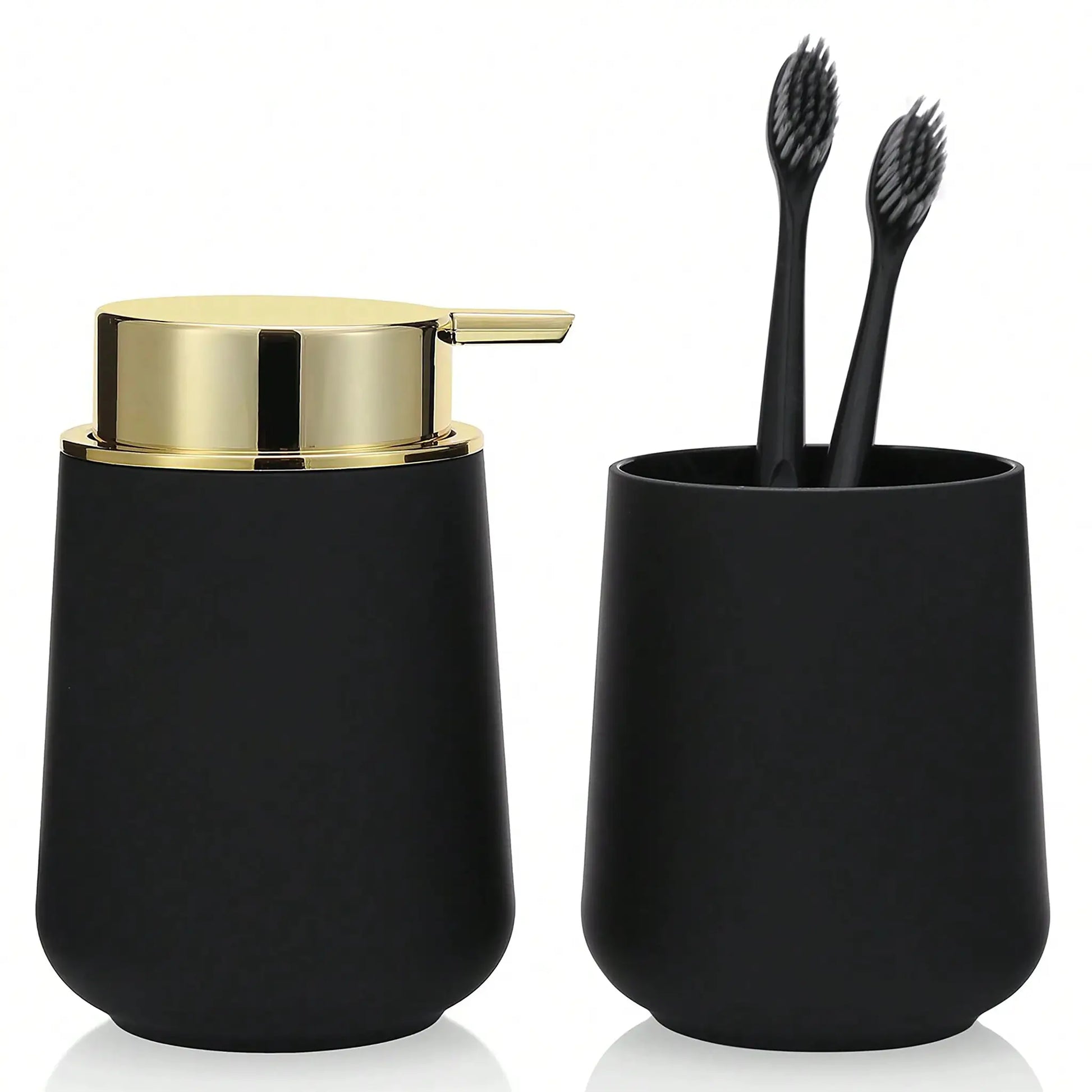 2-piece bathroom accessory set: matte black soap dispenser with gold lid and matching cup by Simples Market
