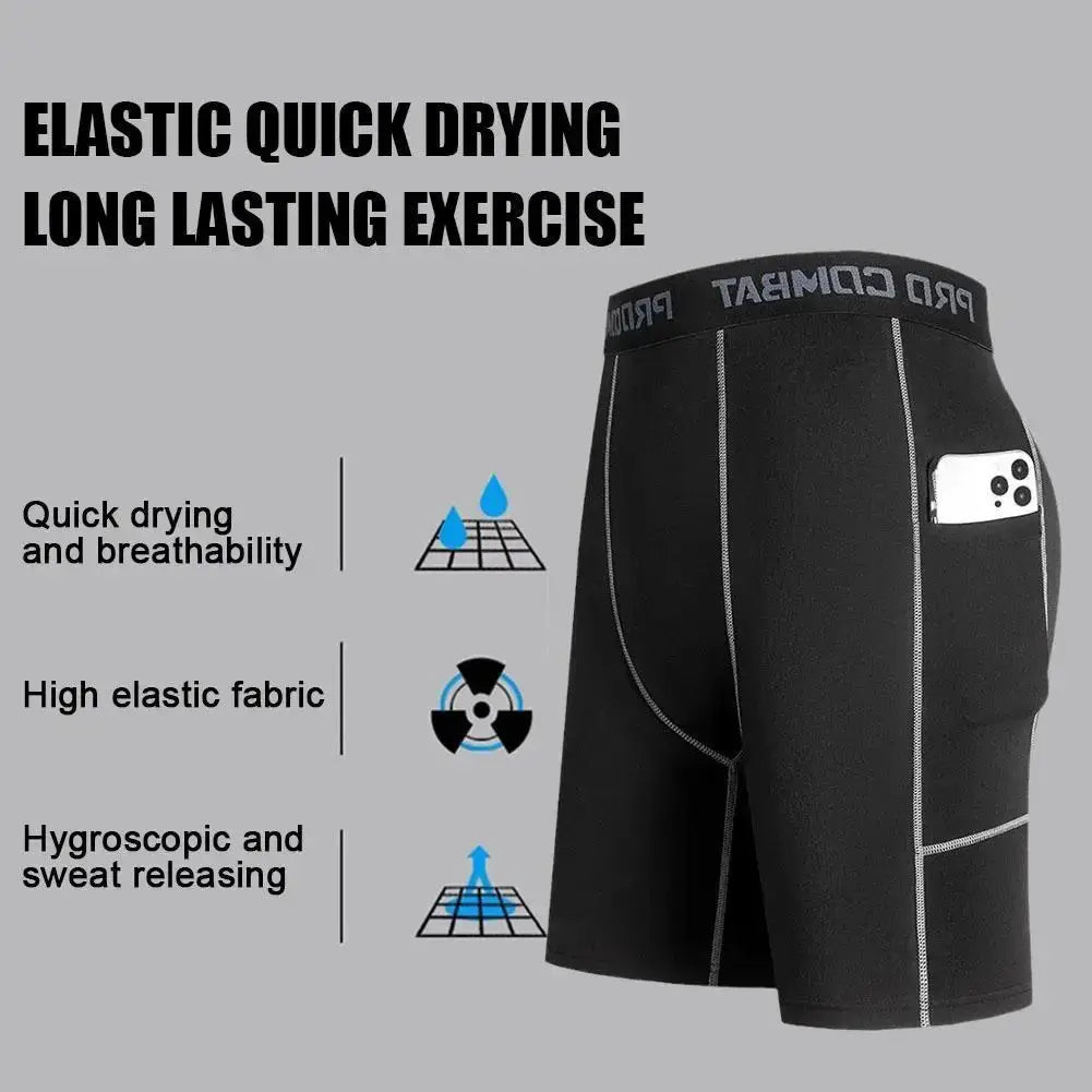 High-Performance men's compression shorts with pocket by Simples Market in black; quick-dry, breathable base layer.