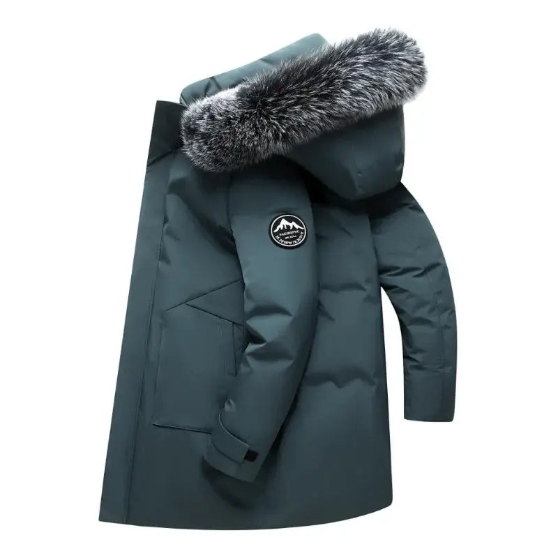 Men's teal windproof down parka with fur-trimmed hood and multi-pocket design, sleeve logo patch.