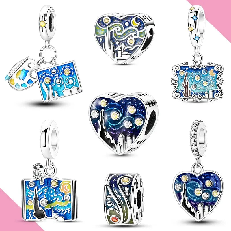 Simples Market Van Gogh Starry Night sterling silver charm set (9 pieces) with blue enamel for DIY bracelet