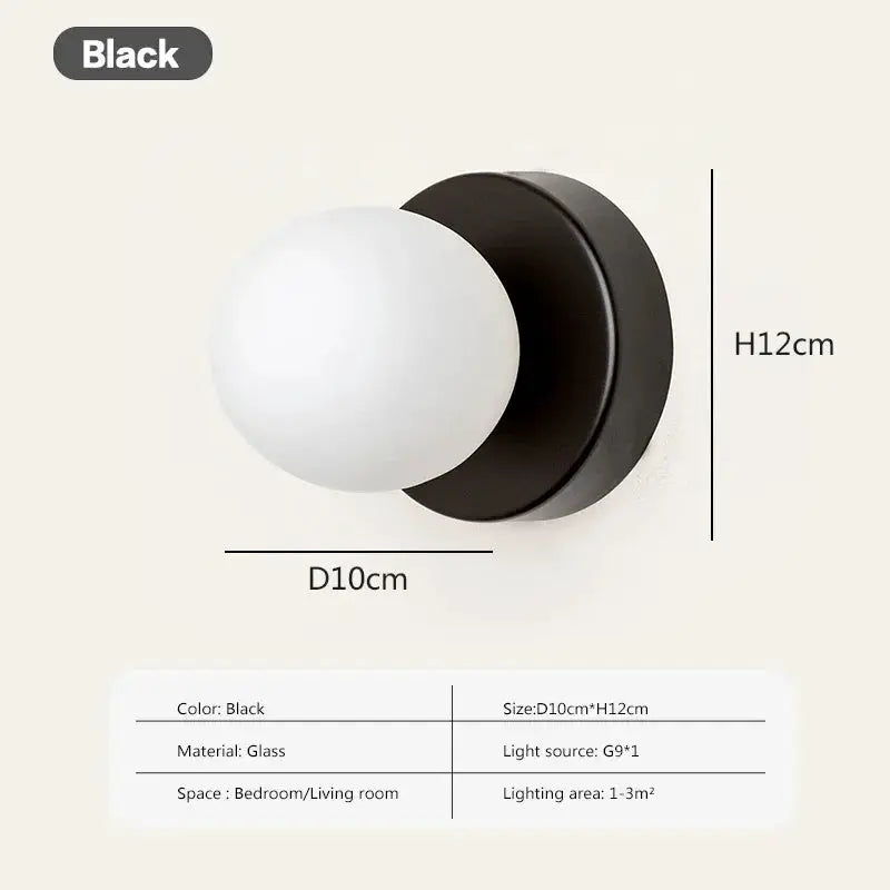 Nordic Macaron LED wall lamp by Simples Market; black glass globe wall sconce, 10×12 cm.