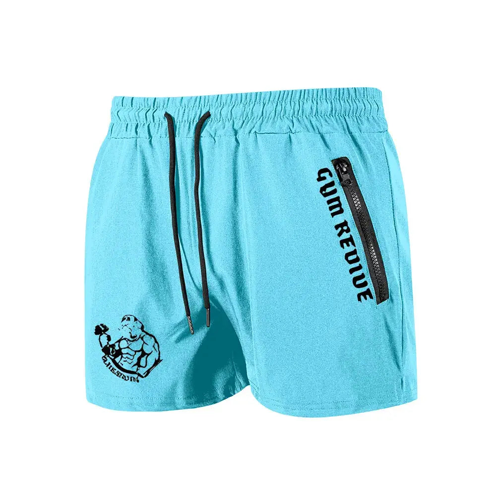 Men's turquoise quick-dry gym shorts with side zip pocket, black drawstrings, left leg muscle graphic
