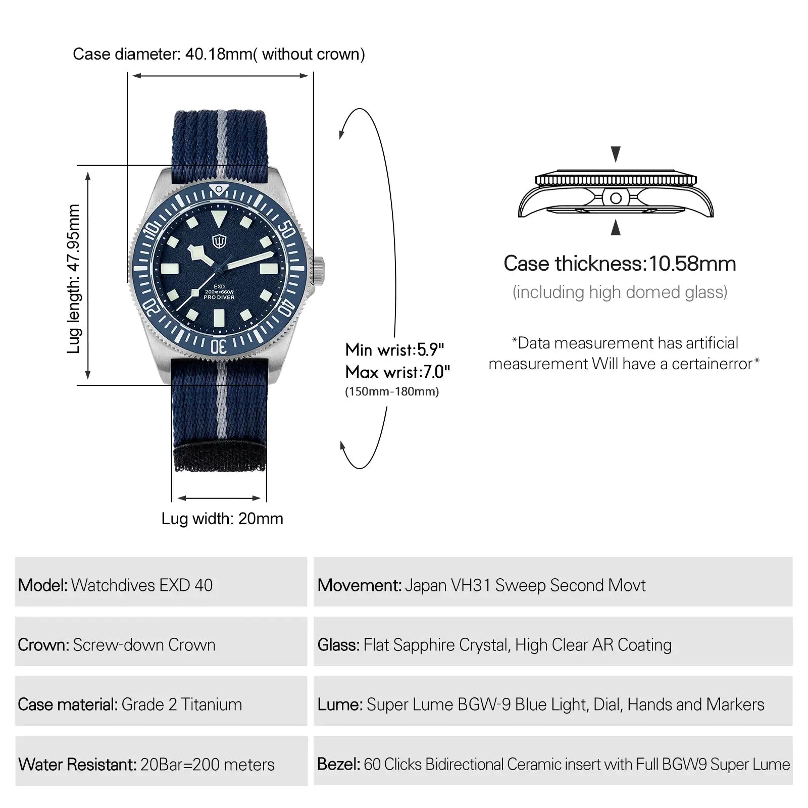 Watchdives EXD 40mm titanium dive watch by Simples Market with blue dial and blue striped fabric strap