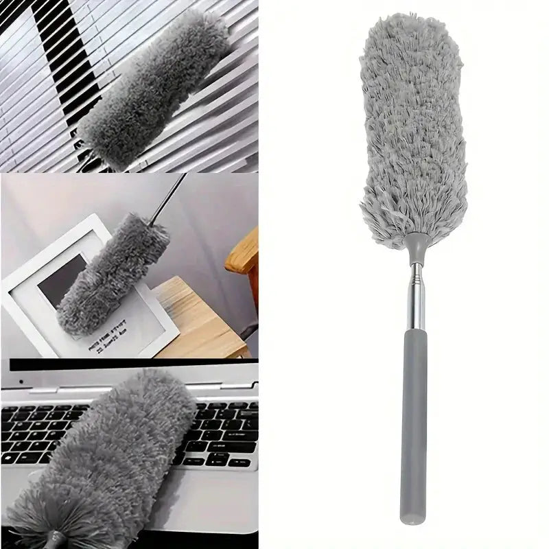 Cleaning duster with long grey microfiber brush for hard-to-reach gaps