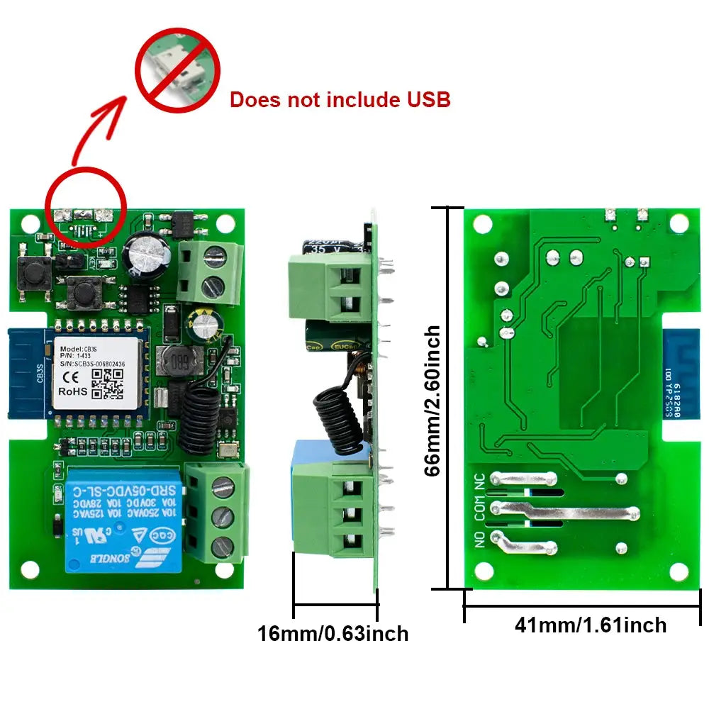 WIFI smart garage gate relay module by Simples Market, green PCB, 1/2CH pulse relay, RF433 remote, Tuya compatible