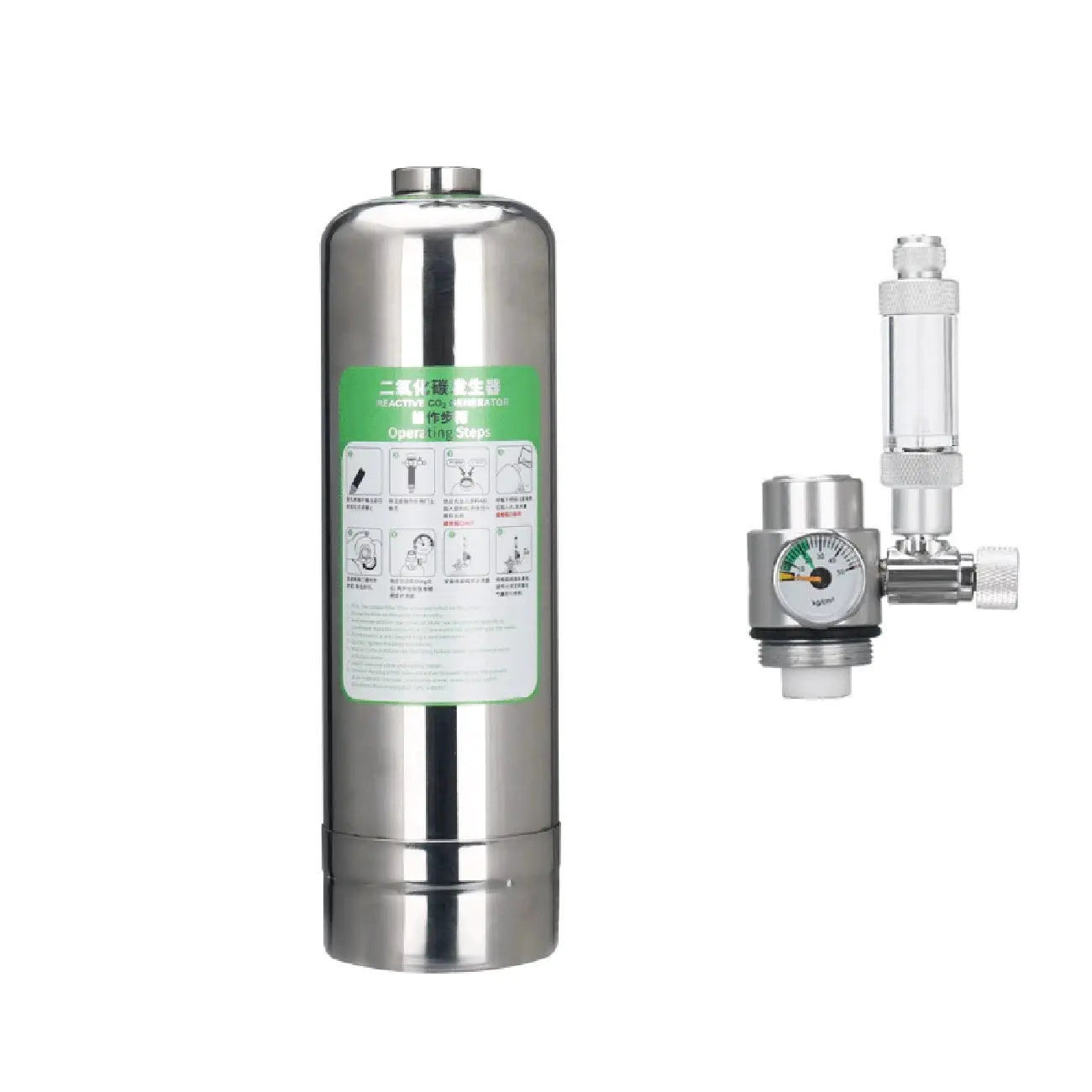Aquarium CO2 generator kit by Simples Market with stainless steel cylinder and regulator, two-piece set