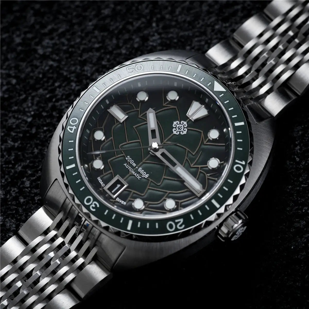 IXDAO IPOSE 2026 men's automatic diver watch with Poseidon pattern dial on stainless steel bracelet 200m water resistant