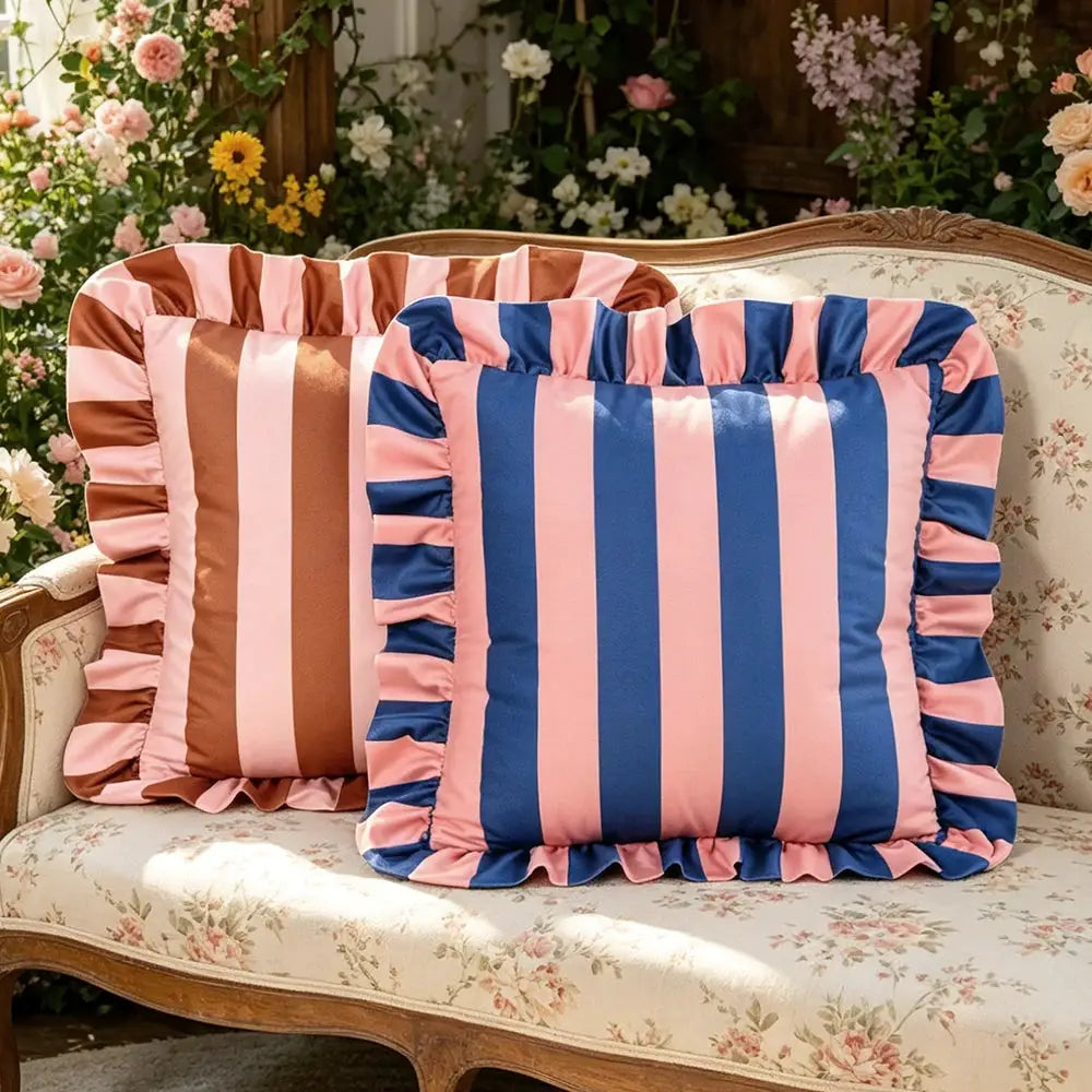 Velvet striped pillow covers set of 2, pink and blue with ruffled edges, 18x18 inches, Simples Market