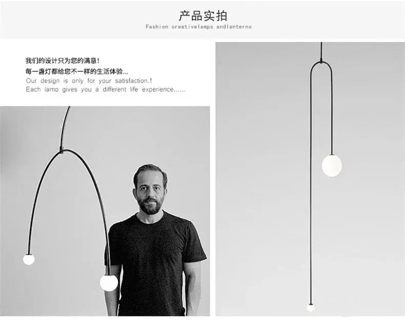 Nordic minimalist chandelier with geometric line design, black metal frame and white globe bulbs.