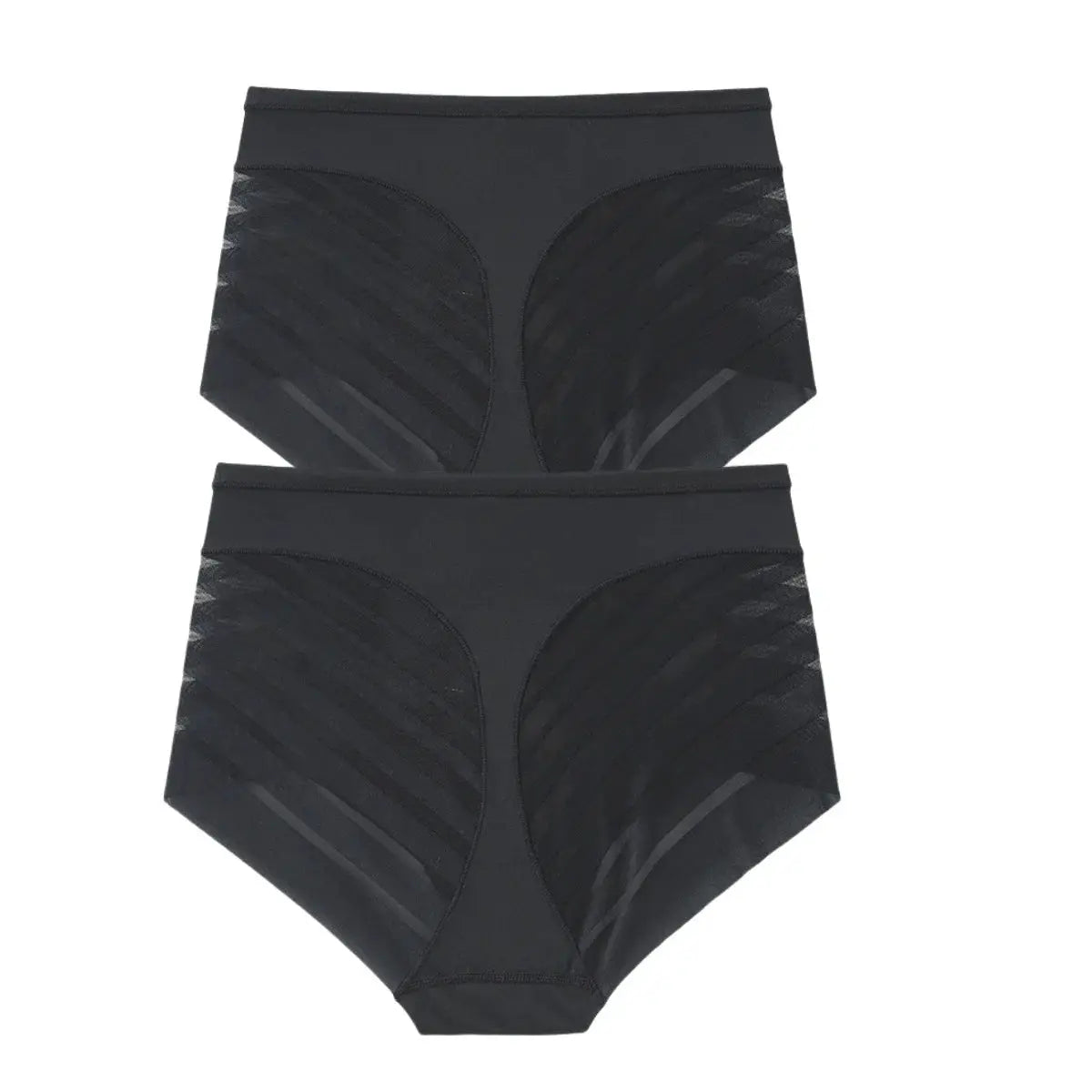 2-pack women's ice silk tummy-control panties, mid-waist with mesh panels, black butt-lifter shaping briefs.