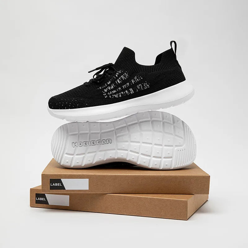 HOBIBEAR unisex running sneakers with black knit upper, lace-up and white sole