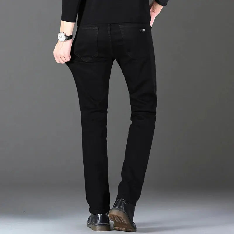 Wthinlee men's black denim jeans, straight-fit, stretch fabric with back pockets