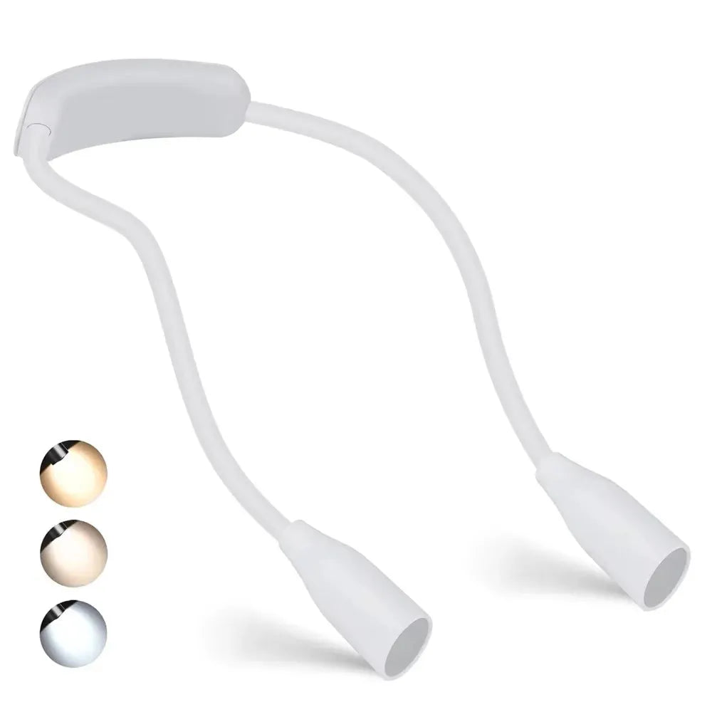 LED reading neck light with USB-rechargeable dual arms, white.
