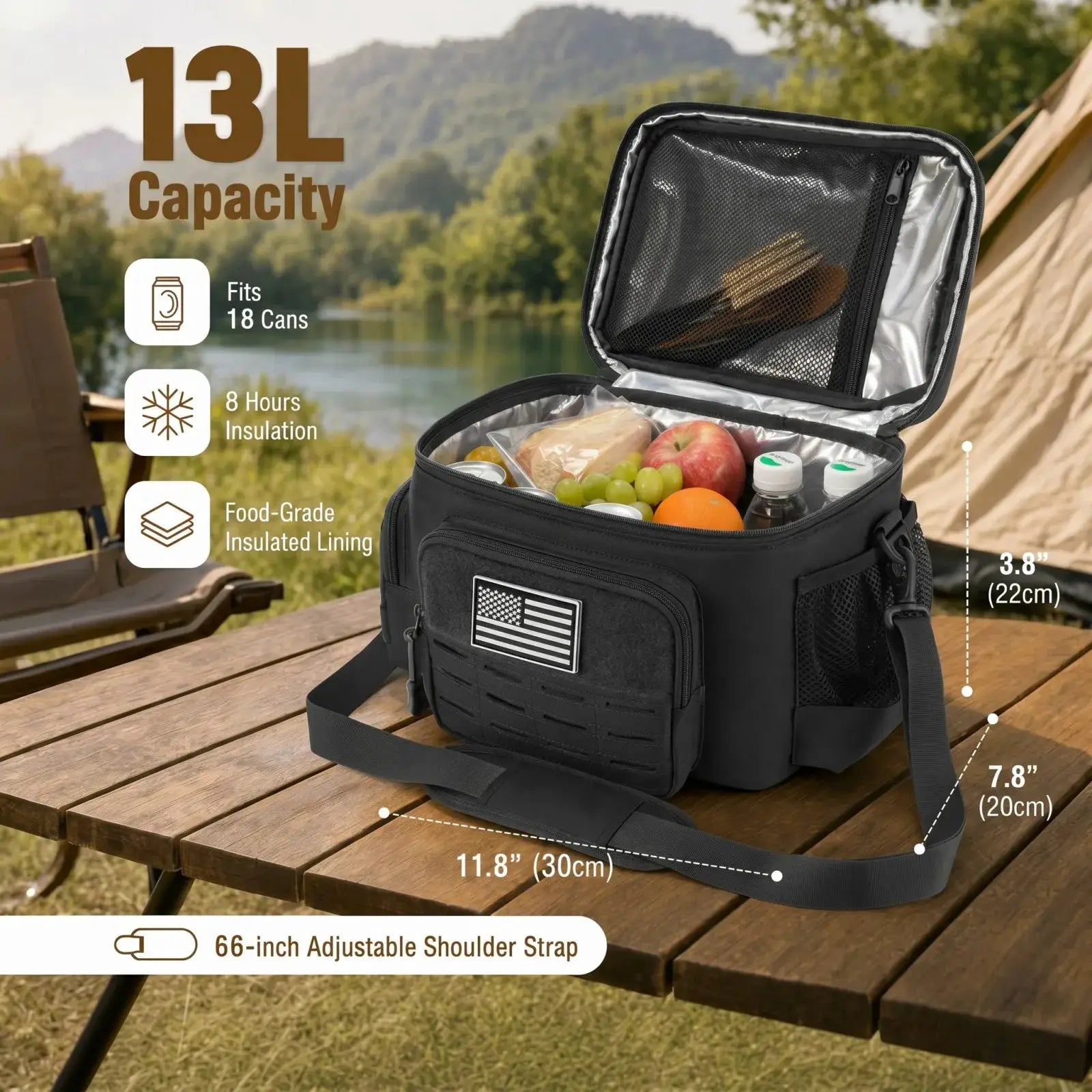 13L Tactical Thermal Cooler Lunch Bag, black with insulated lining, fits 18 cans.