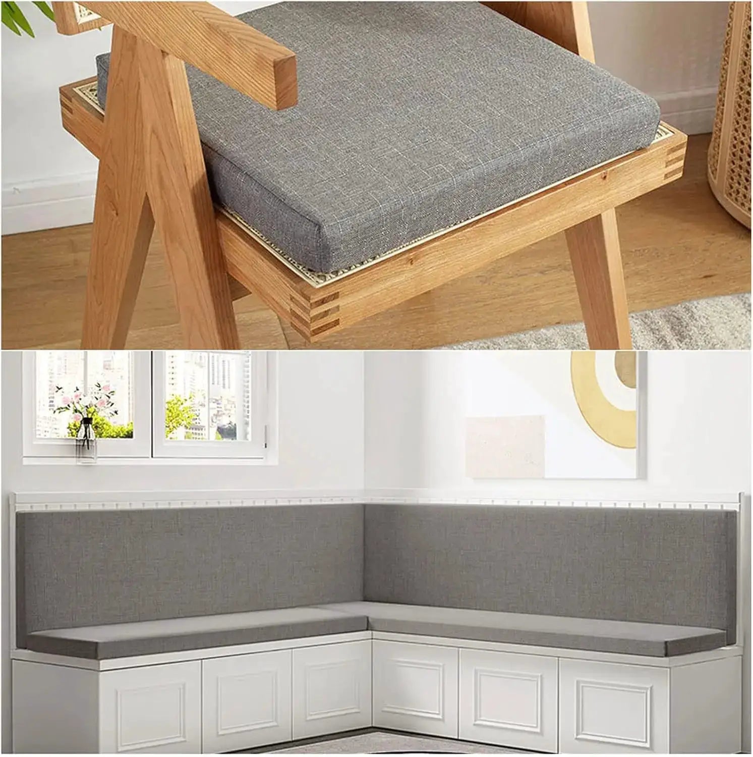 Square chair and bench cushions, two pieces, in gray fabric with machine-washable covers