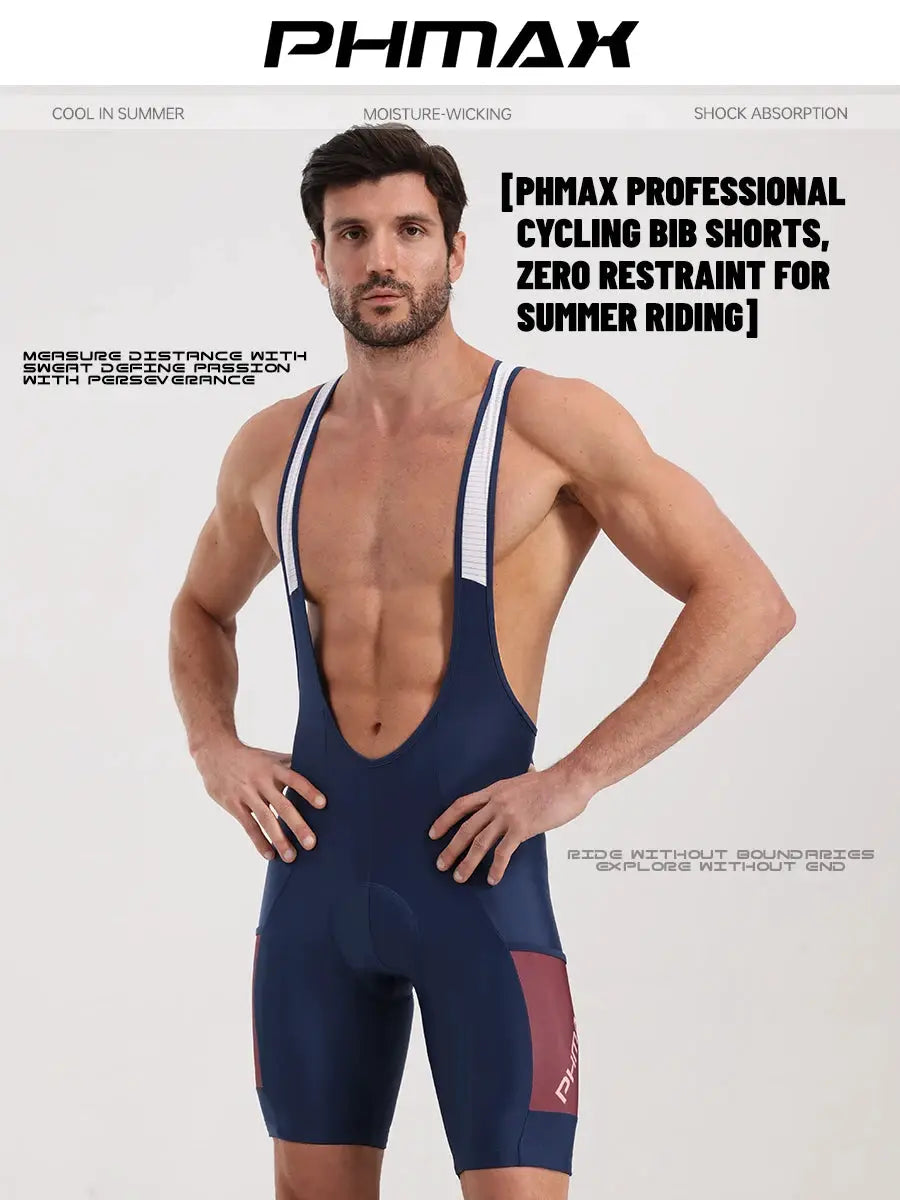 PHMAX men's cycling bib shorts in navy with white straps and red side panels, 5D silicone padded