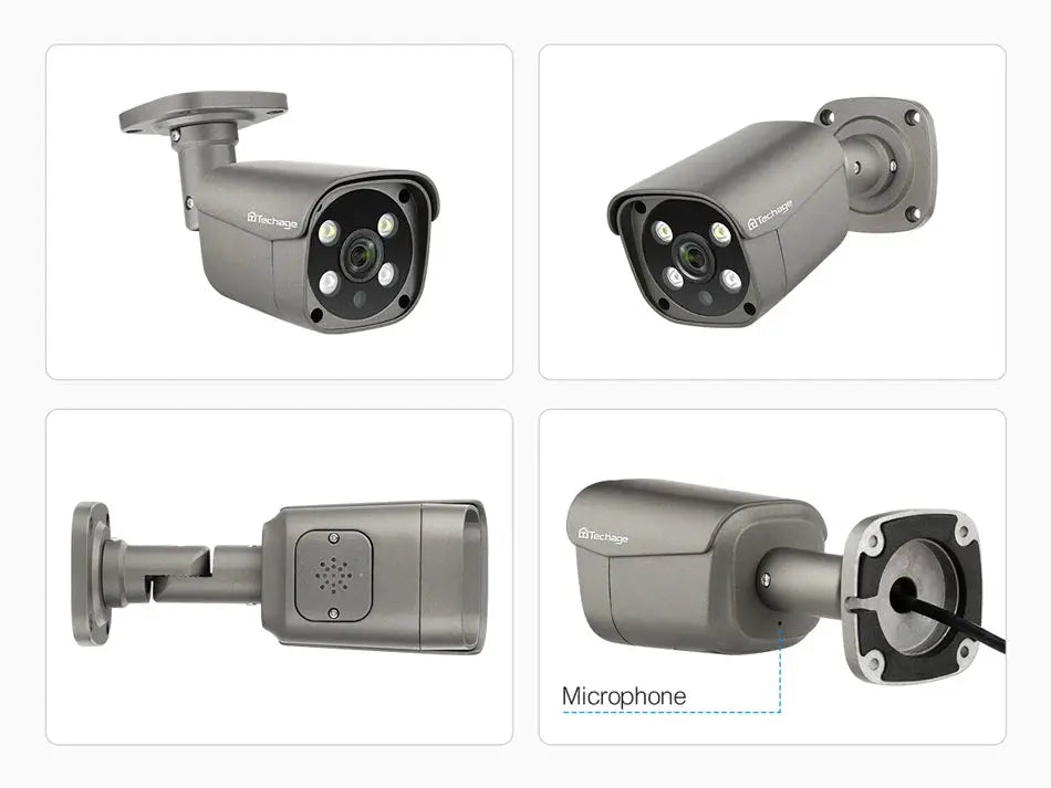 Techage outdoor security camera set of four views, metal gray PoE IP camera for NVR systems.
