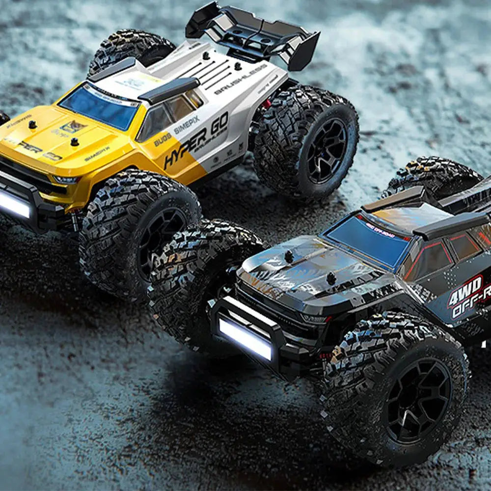 MJX Hyper Go 1/14 brushless 4WD RC cars with dual shells; yellow/white and black off-road trucks