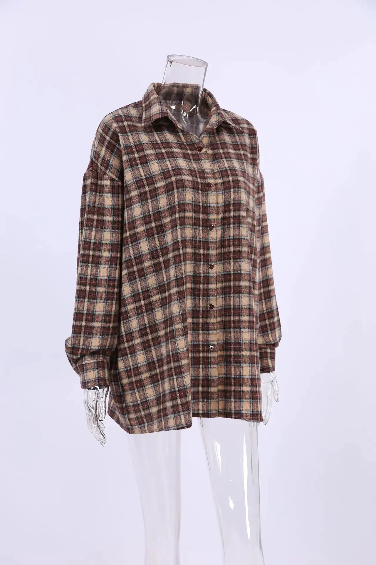 Women's plaid checkered shirt in brown and beige tones, long sleeves, button-down, loose fit