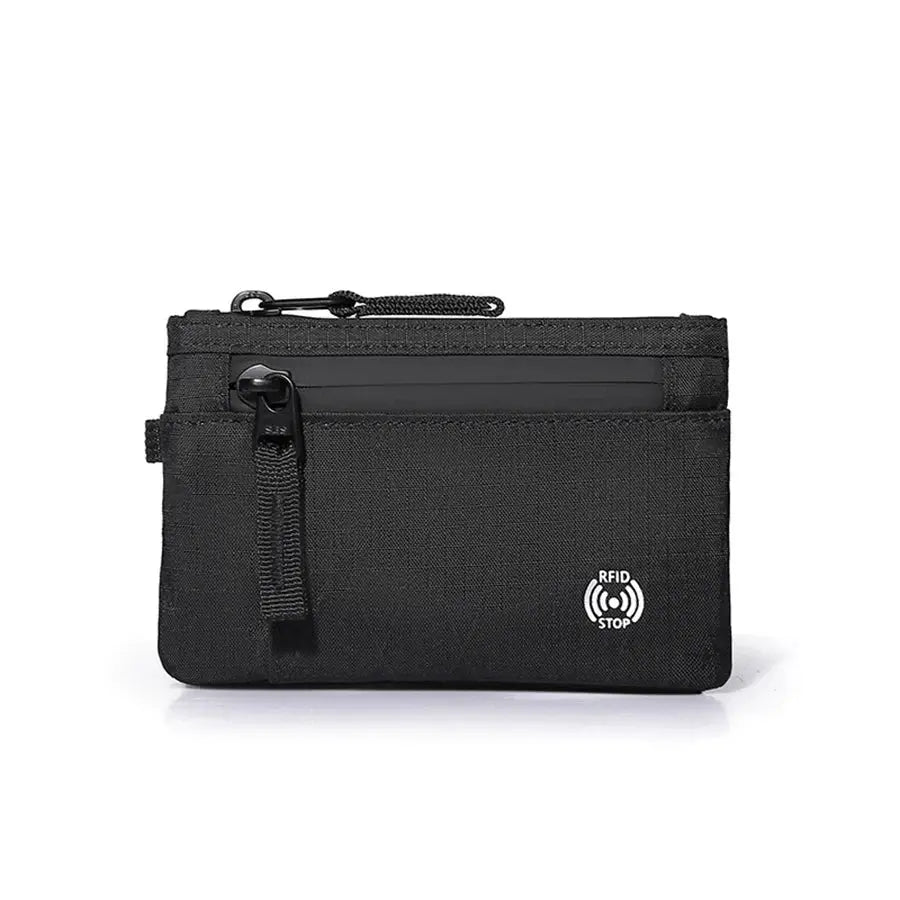 Black nylon credit card holder wallet with zipper, carabiner, and RFID Stop logo