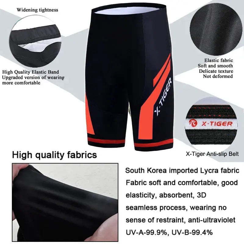 X-TIGER men's cycling shorts in black with red accents, Lycra fabric, anti-slip belt