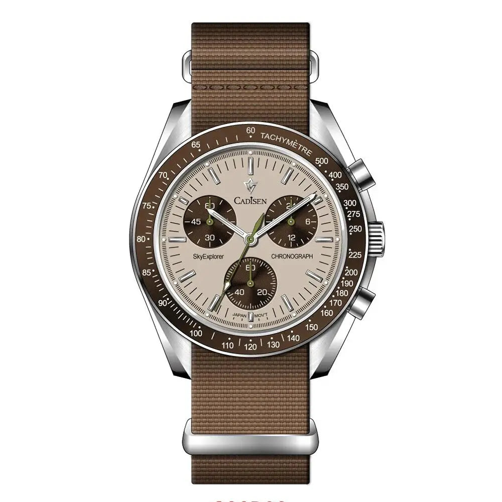 CADISEN New men's watch with brown tachymeter bezel, beige dial, chronograph subdials, and canvas strap