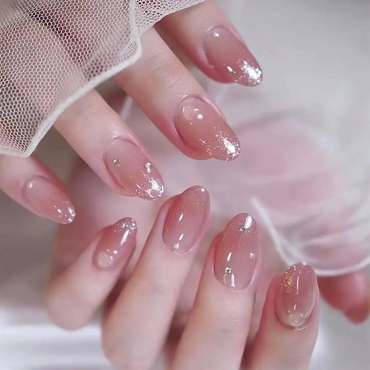 LuxeNail Blush Pink False Nails Bowknot Diamond Pearl Design Press On Nail Tips Harmless Smooth Edge Safe DIY Mani