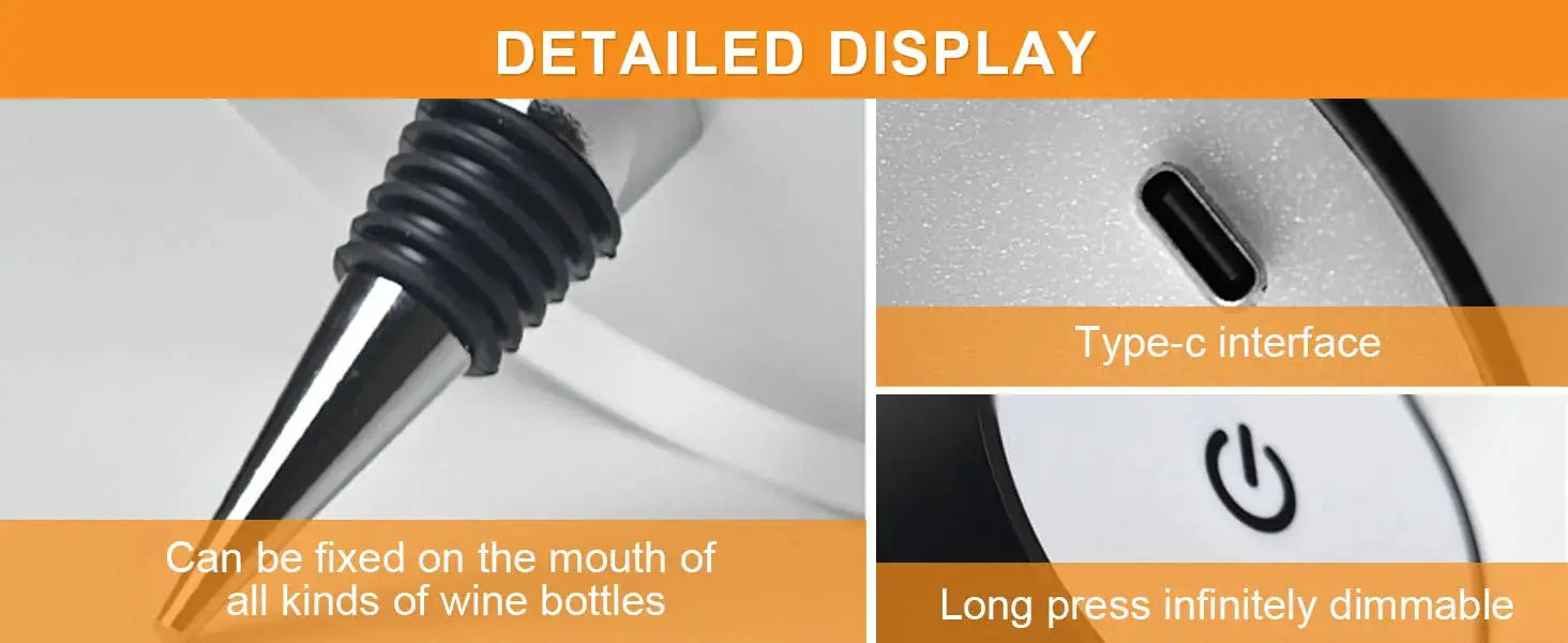 Wireless LED wine-bottle lamp with USB-C interface and touch control for outdoor use