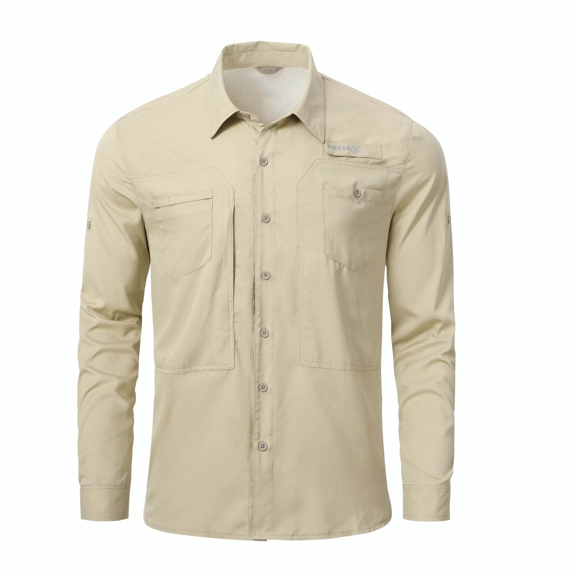 Beige men's long-sleeve fishing shirt with button-down front and two chest pockets.