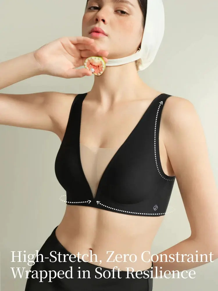 SUJIIN seamless plunge push-up bra for women, black wireless mesh with high-stretch design, Simples Market