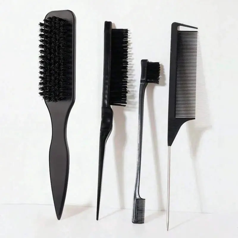 Bristle Slick Back Hair Brush 4pc set in black, including paddle brush, longhand brush, mini brush, and fine comb.