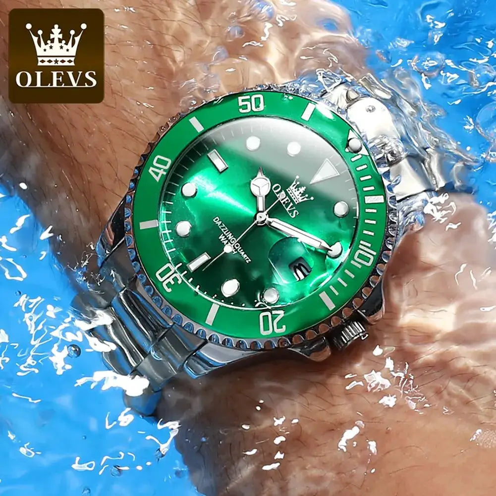 OLEVS Top Original Men Quartz Watch With Stainless Steel Band Green Dial Luminous Hands Water Resistant Luxury Timepiece