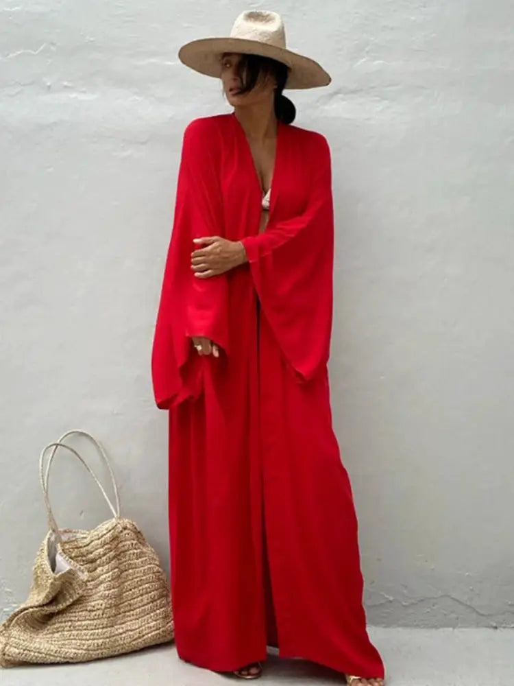 Coastline Solid Beach Cover Up Women Self Belted Wrap Kimono Dress Flattering Wrap Design For Breezy Summer Beachwear