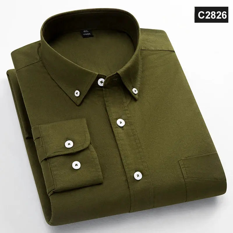 Simples Market olive green long-sleeve 100% cotton Oxford shirt with a single pocket
