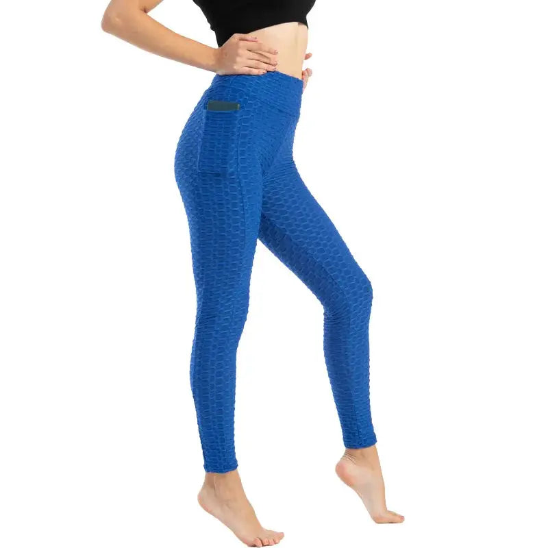 Women pocket bubble leggings blue, high-waist, stretchy fitness pants by Simples Market