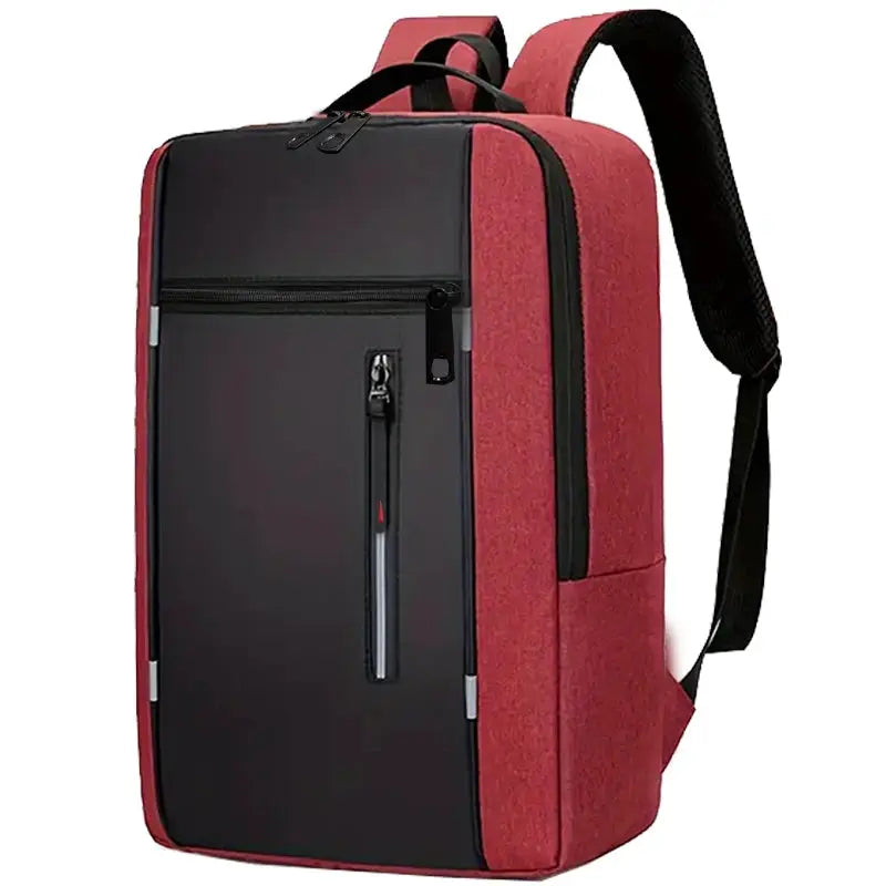Simples Market neutral-style red backpack with black front panel, business and travel use