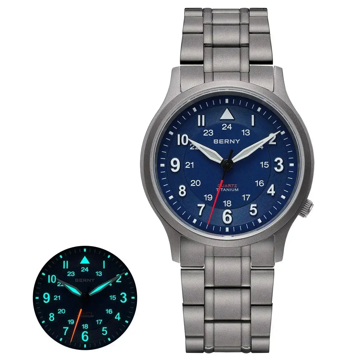 BERNY full titanium men's field watch with blue dial and titanium bracelet; luminous hands