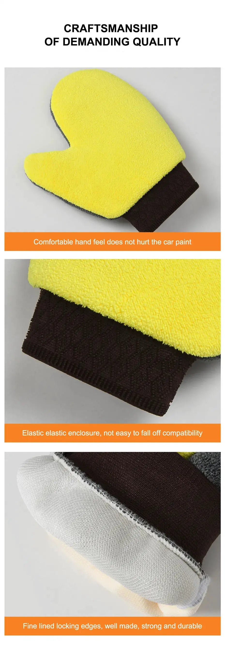 SEAMETAL microfiber car washing glove, double-faced yellow coral fleece with brown cuff for car detailing.