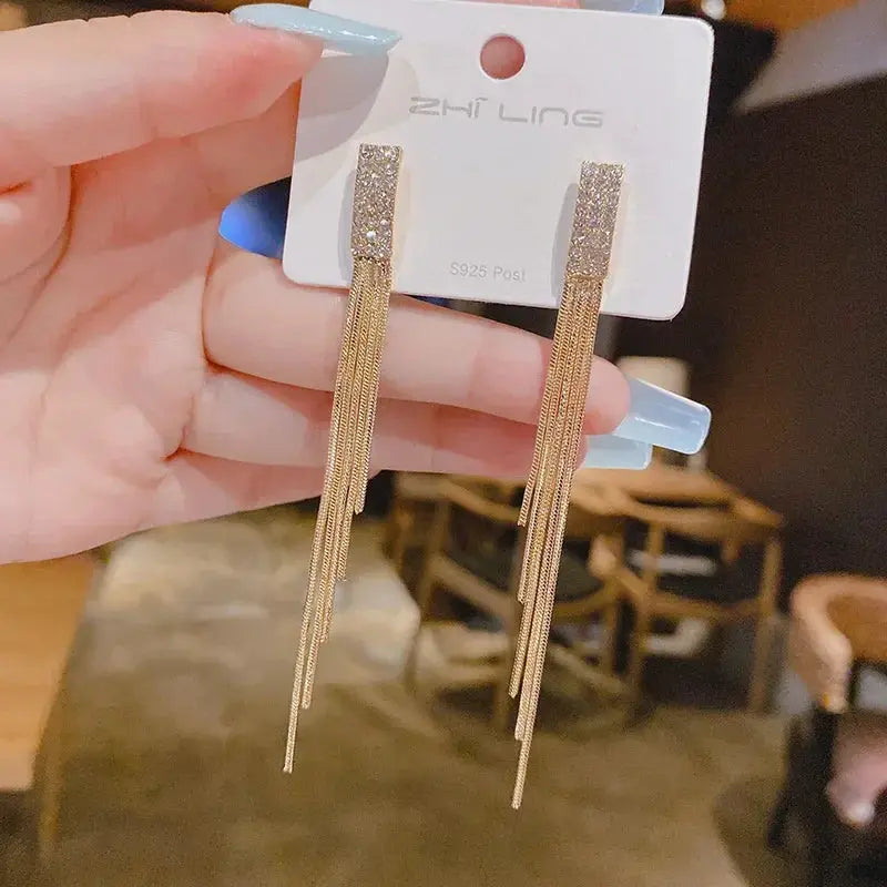 Punk geometric zinc alloy stud earrings, pair with long fringe chains, gold-tone, Simples Market.