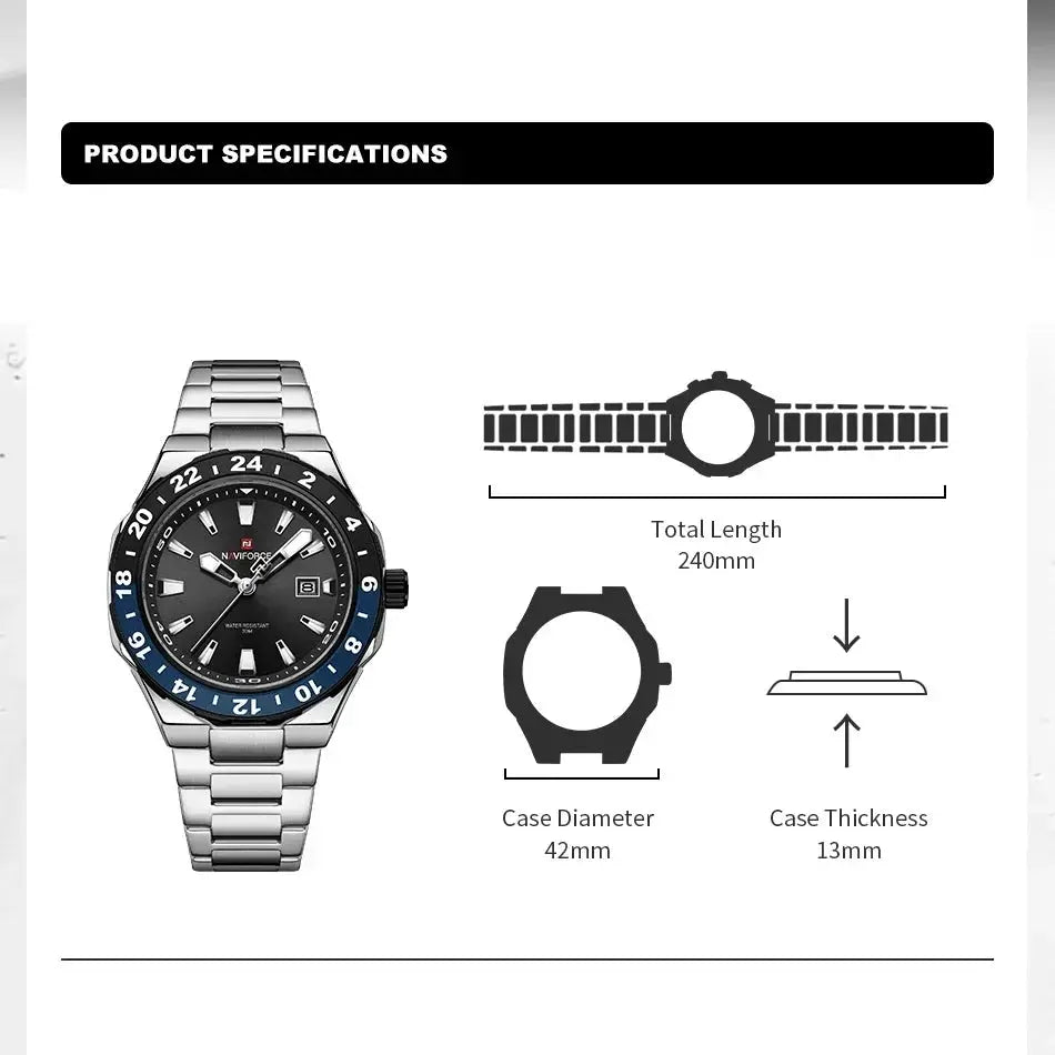 NAVIFORCE sports quartz stainless steel wristwatch by Simples Market, black dial, blue bezel, 42mm case, 240mm band