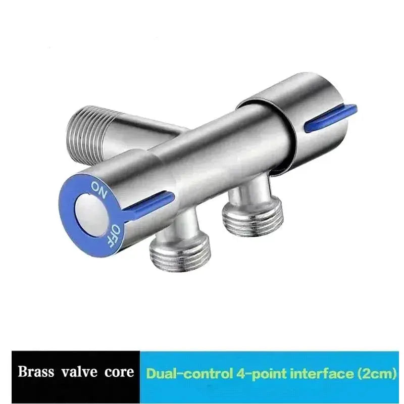 Simples Market handheld bidet sprayer set in stainless steel with brass valve core and blue ON/OFF dual-control dials.