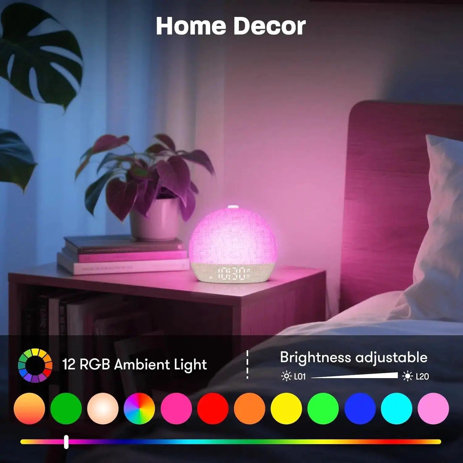 Wake-up light alarm clock with pink RGB ambient glow on a bedside table beside a plant and books.