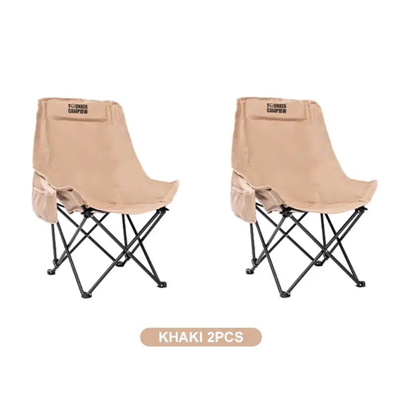 Outdoor folding moon chair set, khaki portable camping chairs with side pockets, 2 pcs