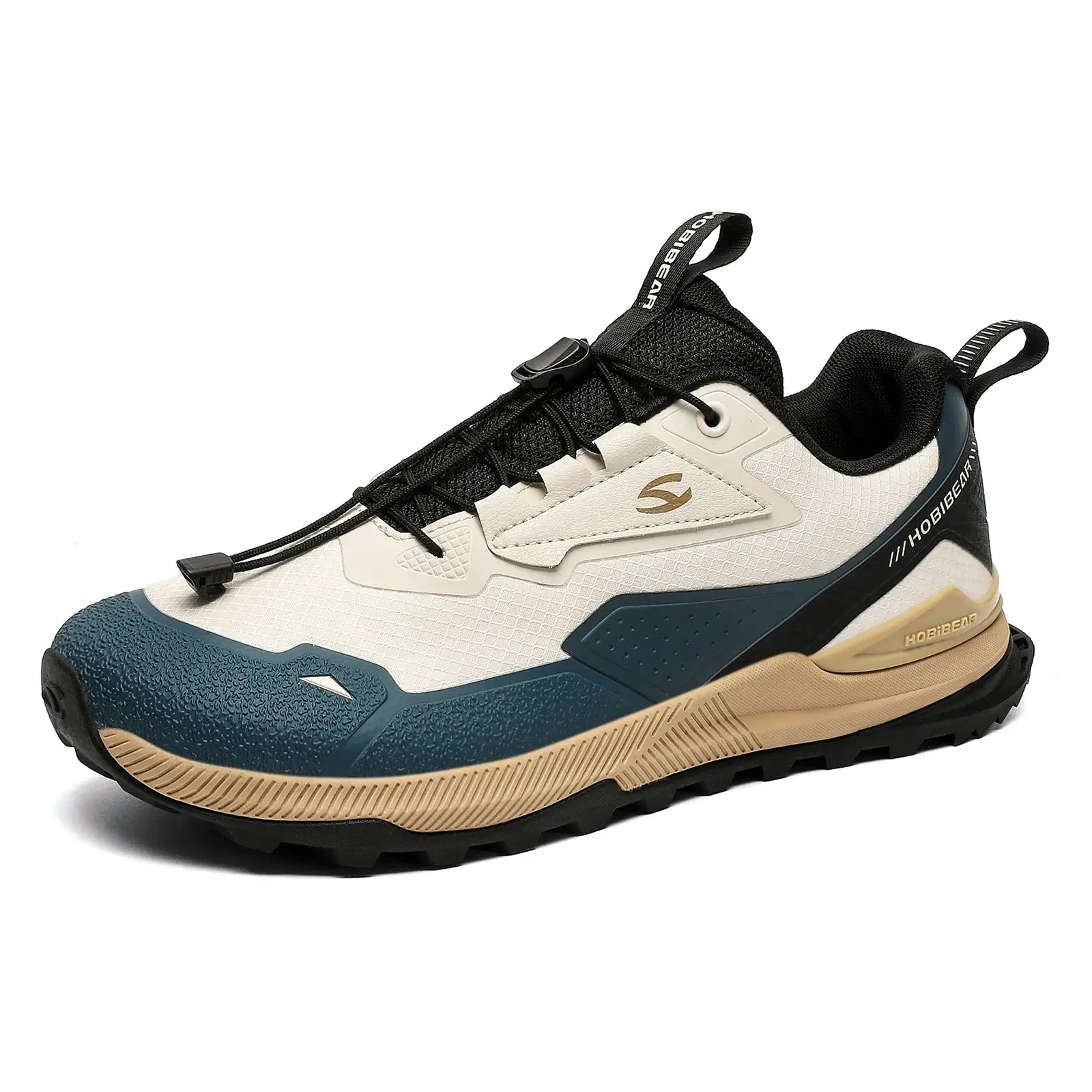 HOBIBEAR hiking shoes for men and women with beige upper, blue toe, black elastic laces, non-slip sole