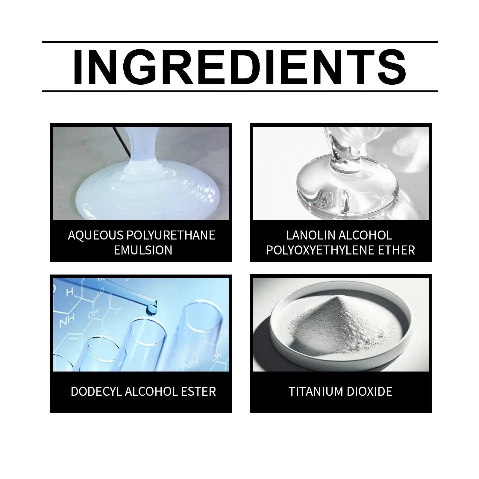 Leather repair kit by Simples Market: ingredients grid showing 4 components