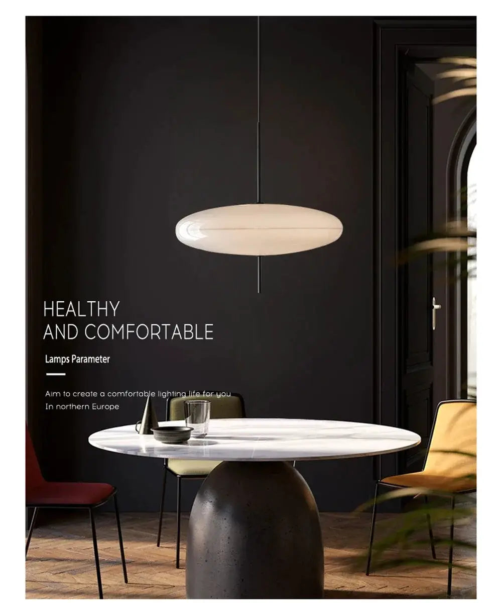 Nordic LED pendant lamp, white flying saucer design for bedroom and living room.